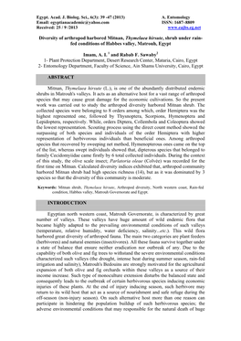 Diversity of Arthropod Harbored Mitnan, Thymelaea Hirsute , Shrub Under Rain- Fed Conditions of Habbes Valley, Matrouh, Egypt Im