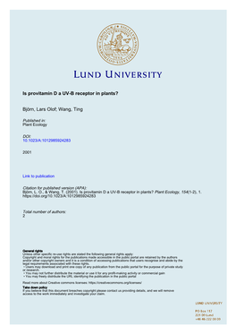 Is Provitamin D a UV-B Receptor in Plants?