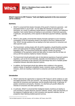 Which? Response to HM Treasury “Cash and Digital Payments in the New Economy” Call for Evidence