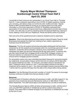Deputy Mayor Michael Thompson Scarborough Centre Virtual Town Hall 2 April 23, 2020