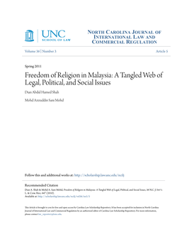 Freedom of Religion in Malaysia: a Tangled Web of Legal, Political, and Social Issues Dian Abdul Hamed Shah