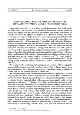 Body Size, Population Metabolism, and Habitat Specialization Among Large African Herbivores