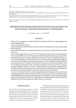 Modified Ureterosigmoidostomy for Management of Malignant and Non-Malignant Conditions K.A