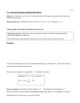 7.1: Inverse Functions and Their Derivatives !!!!!