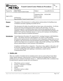 Transit Control Center Policies & Procedures