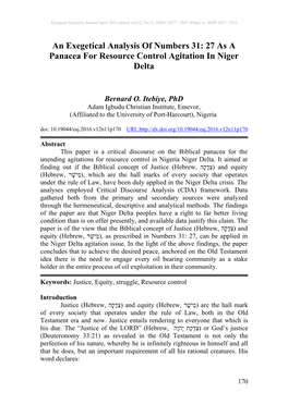 An Exegetical Analysis of Numbers 31: 27 As a Panacea for Resource Control Agitation in Niger Delta