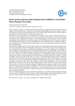 Pyrite, Jarosite and Iron Oxide Formation and Crystallinity in Acid Sulfate Soils of Senegal, West Africa