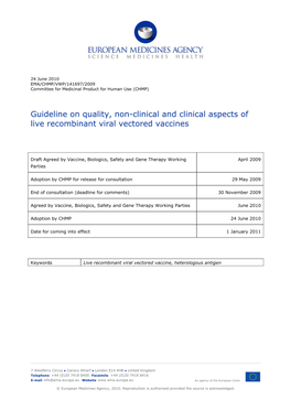 Guideline on Quality, Non-Clinical and Clinical Aspects of Live Recombinant Viral Vectored Vaccines