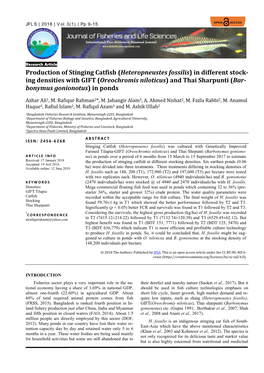 (Heteropneustes Fossilis) in Different Stock- Ing Densities with GIFT (Oreochromis Niloticus) and Thai Sharpunti (Bar- Bonymus Gonionotus) in Ponds