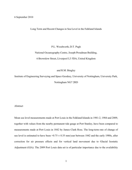 1 6 September 2010 Long Term and Recent Changes in Sea Level in the Falkland Islands P.L. Woodworth, D.T. Pugh National Oceanogr