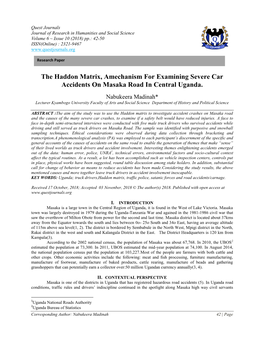 The Haddon Matrix, Amechanism for Examining Severe Car Accidents on Masaka Road in Central Uganda