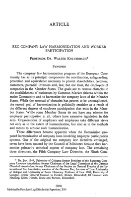 Eec Company Law Harmonization and Worker Participation