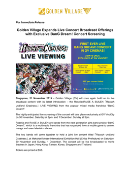 Golden Village Expands Live Concert Broadcast Offerings with Exclusive Bang Dream! Concert Screening