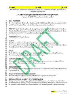 DRAFT DRAFT DRAFT These Minutes Will Be Officially Approved by the USA Swimming Board of Directors at Its April 24, 2020 Meeting