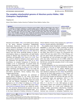 The Complete Mitochondrial Genome of Aleochara Postica Walker, 1858 (Coleoptera: Staphylinidae)