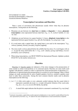 Transcription Conventions and Diacritics