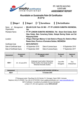 ASSESSMENT REPORT Roundtable on Sustainable Palm Oil