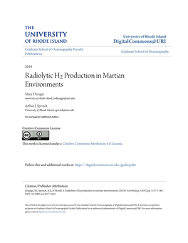 Radiolytic H2 Production in Martian Environments Mary Dzaugis University of Rhode Island, Mdzaugis@Uri.Edu