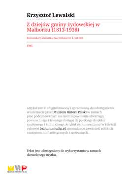 Krzysztof Lewalski Z Dziejów Gminy Żydowskiej W Malborku (1813-1938)