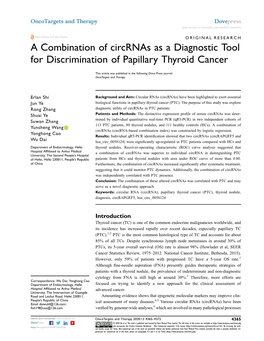 A Combination of Circrnas As a Diagnostic Tool for Discrimination of Papillary Thyroid Cancer