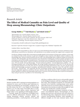 Research Article the Effect of Medical Cannabis on Pain Level and Quality of Sleep Among Rheumatology Clinic Outpatients