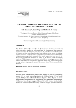 Firm Size, Ownership and Performance in the Malaysian Palm Oil Industry