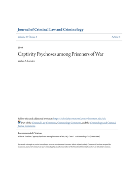 Captivity Psychoses Among Prisoners of War Walter A