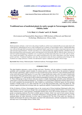 Traditional Uses of Medicinal Plants by Native People in Nawarangpur District, Odisha, India