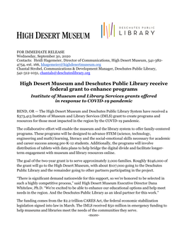 High Desert Museum and Deschutes Public Library Receive Federal Grant to Enhance Programs