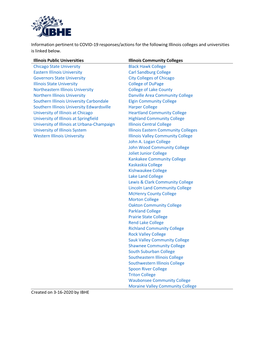 Information Pertinent to COVID-19 Responses/Actions for the Following Illinois Colleges and Universities Is Linked Below. Illin