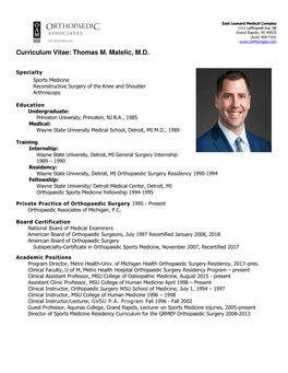 Curriculum Vitae: Thomas M. Matelic, M.D