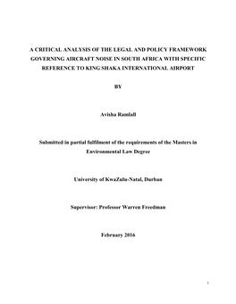 A Critical Analysis of the Legal and Policy Framework Governing Aircraft Noise in South Africa with Specific Reference to King Shaka International Airport