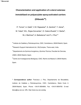 Characterization and Application of a Sterol Esterase Immobilized on Polyacrylate Epoxy-Activated Carriers