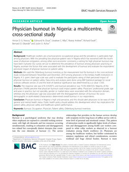 Physician Burnout in Nigeria: a Multicentre, Cross-Sectional Study Arinze D