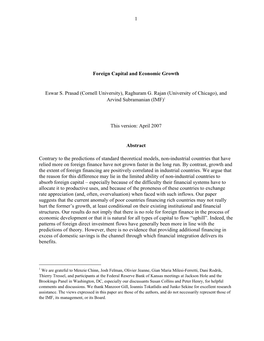 1 Foreign Capital and Economic Growth Eswar S. Prasad