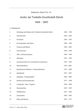 Archiv Der Tonhalle-Gesellschaft Zürich 1868