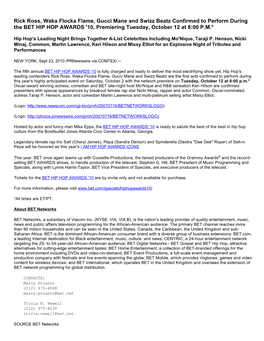 Rick Ross, Waka Flocka Flame, Gucci Mane and Swizz Beatz Confirmed to Perform During the BET HIP HOP AWARDS '10, Premiering Tuesday, October 12 at 8:00 P.M.*