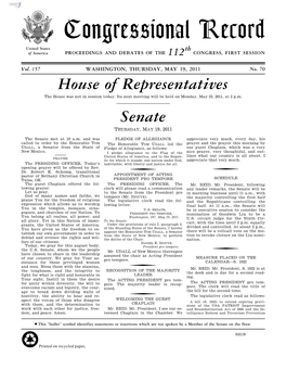 Congressional Record United States Th of America PROCEEDINGS and DEBATES of the 112 CONGRESS, FIRST SESSION