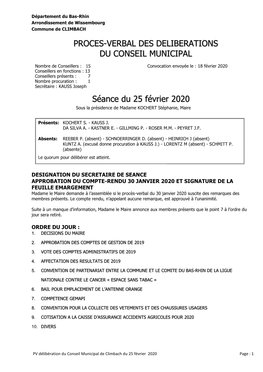 PROCES-VERBAL DES DELIBERATIONS DU CONSEIL MUNICIPAL Séance Du 25 Février 2020