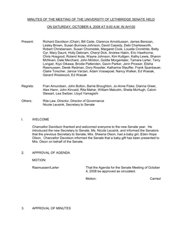 Minutes of the Meeting of the University of Lethbridge Senate Held