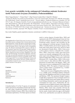 Low Genetic Variability in the Endangered Colombian Endemic Freshwater Turtle Podocnemis Lewyana (Testudines, Podocnemididae)