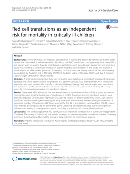 Red Cell Transfusions As an Independent Risk for Mortality in Critically Ill Children Surender Rajasekaran1,3*, Eric Kort2,3, Richard Hackbarth1,3, Alan T