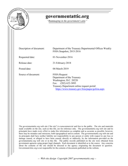 Department of the Treasury Departmental Offices Weekly FOIA Snapshot, 2015-2016