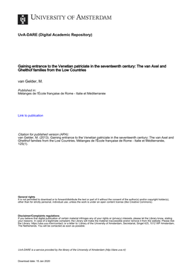 Gaining Entrance to the Venetian Patriciate in the Seventeenth Century: the Van Axel and Ghelthof Families from the Low Countries Van Gelder, M