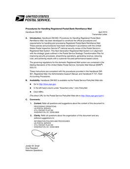Procedures for Handling Registered Postal Bank Remittance Mail Handbook DM-902 April 2010 Transmittal Letter A