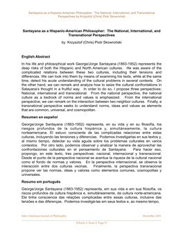 Santayana As a Hispanic-American Philosopher: the National, International, and Transnational Perspectives by Krzysztof (Chris) Piotr Skowroński