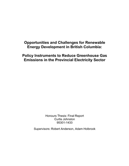 Opportunities and Challenges for Renewable Energy Development in British Columbia