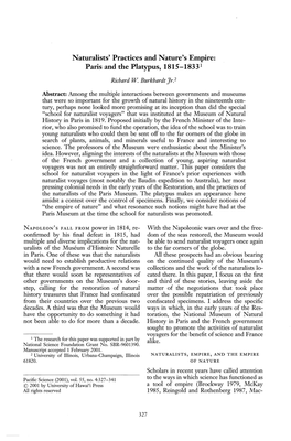 Naturalists' Practices and Nature's Empire: Paris and the Platypus, 1815-18331