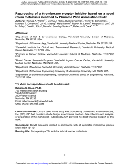 Repurposing of a Thromboxane Receptor Inhibitor Based on a Novel Role in Metastasis Identified by Phenome Wide Association Study Authors: Thomas A