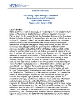 Lecture Transcript: Conserving Coptic Heritage: an Historic Egyptian